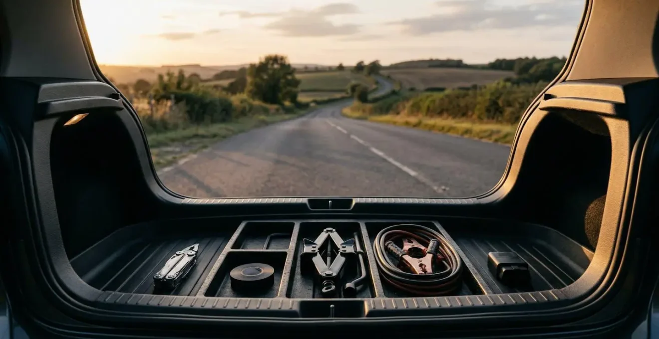 Coffre de voiture ouvert montrant cinq outils essentiels de dépannage disposés de manière organisée