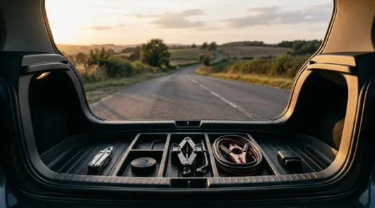 Coffre de voiture ouvert montrant cinq outils essentiels de dépannage disposés de manière organisée
