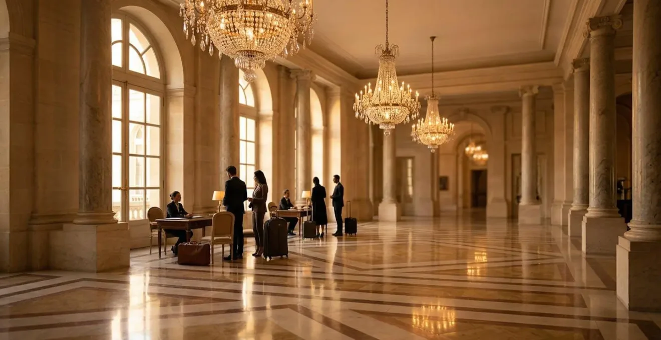 Lobby majestueux d'un palace français avec clients détendus et personnel souriant