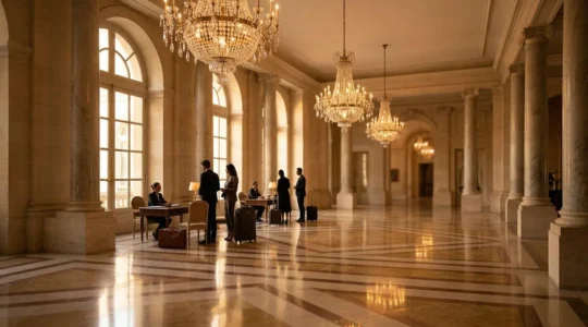 Lobby majestueux d'un palace français avec clients détendus et personnel souriant