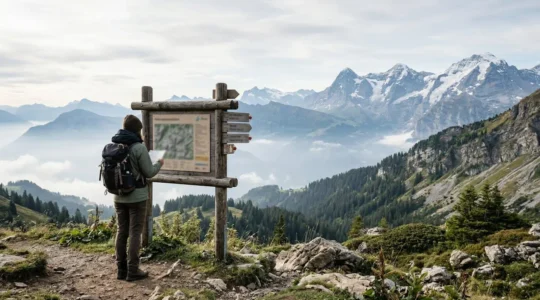 Randonneur contemplant un panneau réglementaire dans un parc national avec vue sur les montagnes