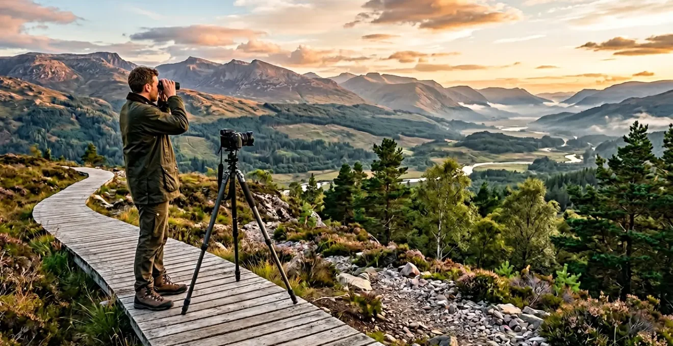 Un photographe contemplatif observe un paysage naturel préservé depuis un sentier balisé, son appareil photo posé sur un trépied, sans déranger la faune environnante.