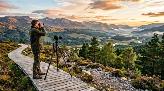Un photographe contemplatif observe un paysage naturel préservé depuis un sentier balisé, son appareil photo posé sur un trépied, sans déranger la faune environnante.