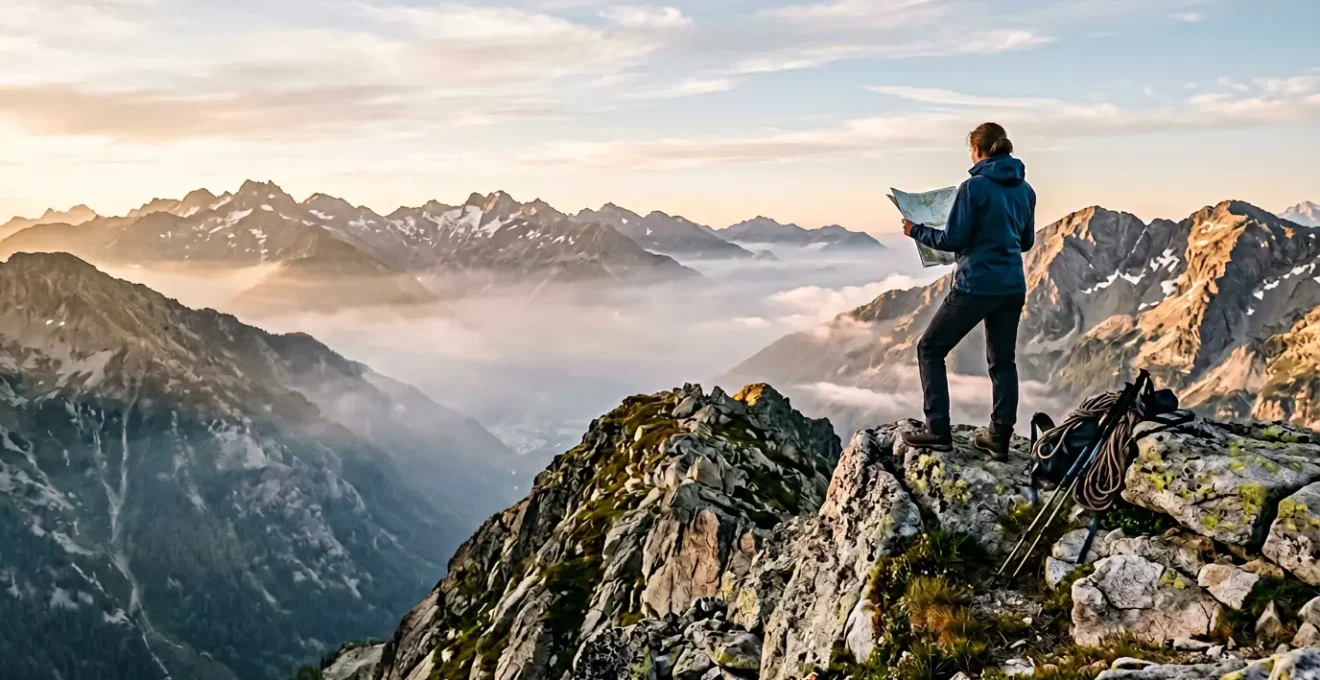 Randonneur vérifiant son équipement au sommet d'une crête montagneuse avec vue panoramique