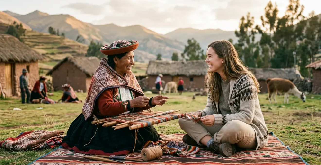 Échange respectueux entre un voyageur et des membres d'une communauté autochtone dans leur environnement naturel