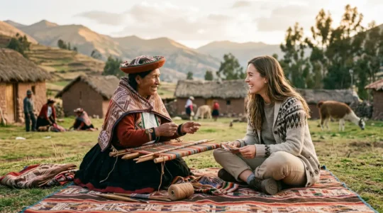 Échange respectueux entre un voyageur et des membres d'une communauté autochtone dans leur environnement naturel