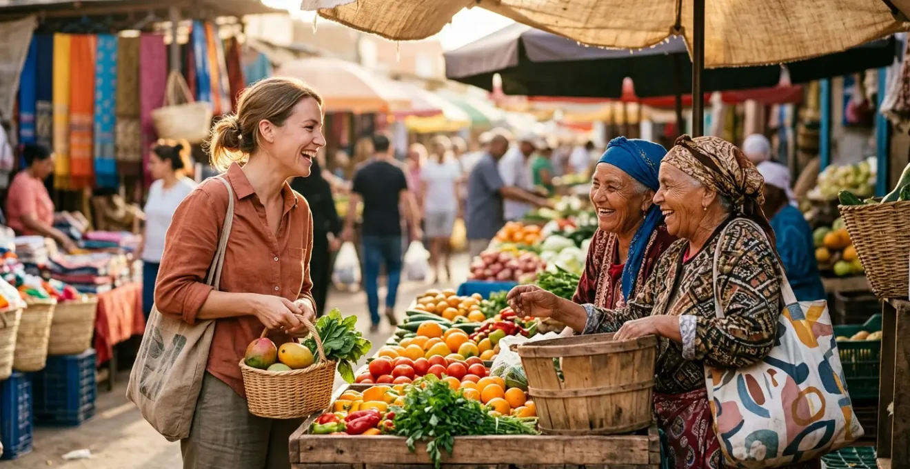 Scène de marché local animé avec un voyageur interagissant chaleureusement avec des vendeurs et habitants locaux