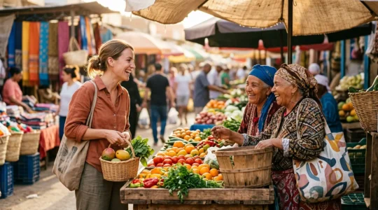 Scène de marché local animé avec un voyageur interagissant chaleureusement avec des vendeurs et habitants locaux