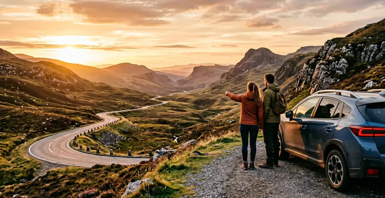 Route sinueuse traversant un paysage vallonné avec un couple observant une carte près de leur voiture garée à un point de vue panoramique