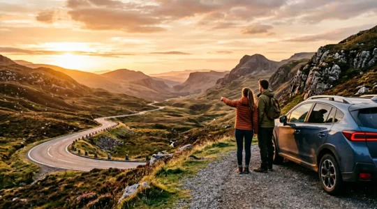 Route sinueuse traversant un paysage vallonné avec un couple observant une carte près de leur voiture garée à un point de vue panoramique