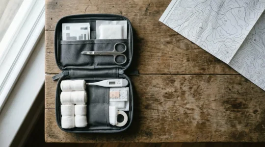Vue d'ensemble d'une trousse de secours de voyage ouverte avec médicaments et matériel médical organisés