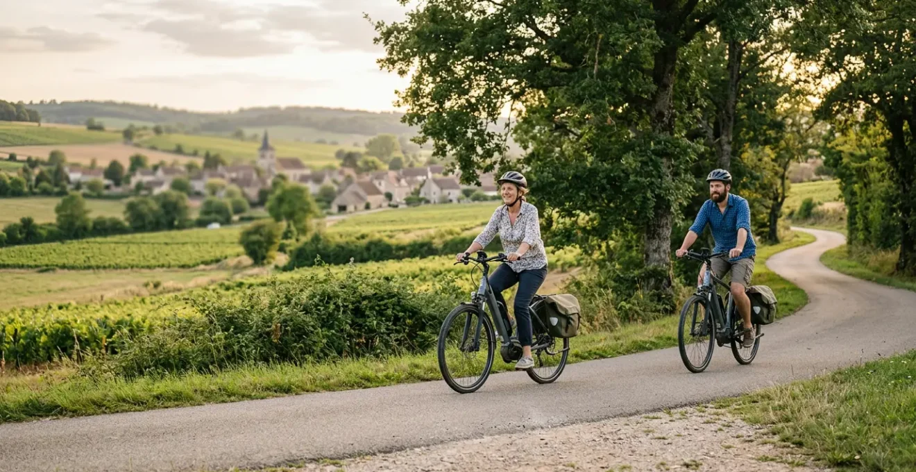 Cyclistes détendus pédalant sur une voie verte bordée d'arbres avec vélos électriques et sacoches de voyage