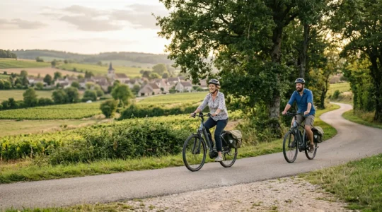 Cyclistes détendus pédalant sur une voie verte bordée d'arbres avec vélos électriques et sacoches de voyage