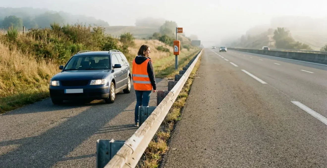 Véhicule en panne sur la bande d'arrêt d'urgence d'une autoroute française avec personne en gilet de sécurité