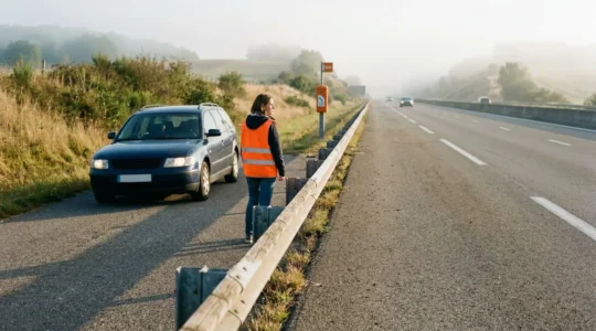 Véhicule en panne sur la bande d'arrêt d'urgence d'une autoroute française avec personne en gilet de sécurité