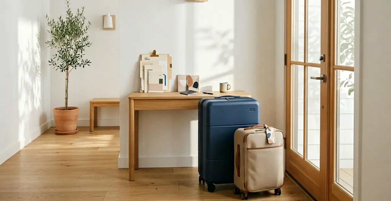 Intérieur lumineux avec valises préparées et documents organisés sur une table, symbolisant la préparation sereine d'un départ