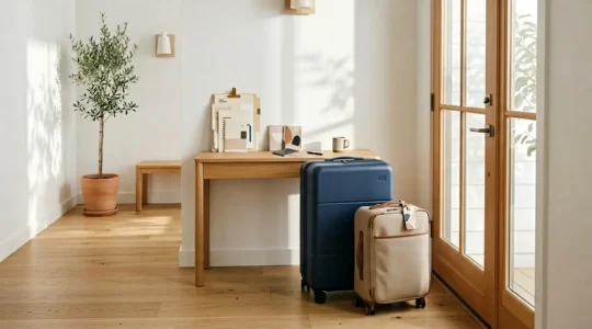 Intérieur lumineux avec valises préparées et documents organisés sur une table, symbolisant la préparation sereine d'un départ