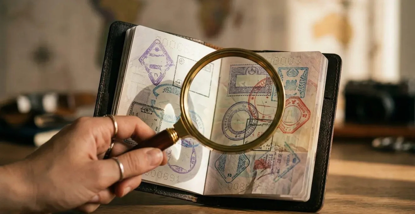 Passeport ouvert montrant des tampons de visas colorés avec une main tenant une loupe pour examiner les détails