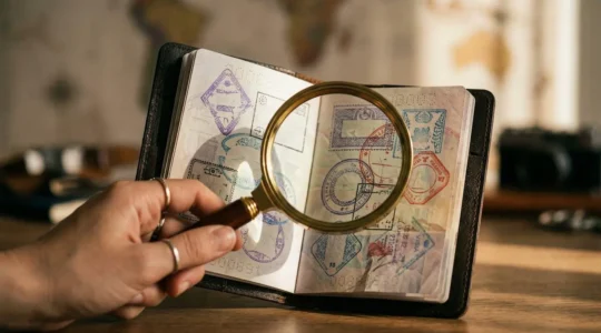 Passeport ouvert montrant des tampons de visas colorés avec une main tenant une loupe pour examiner les détails