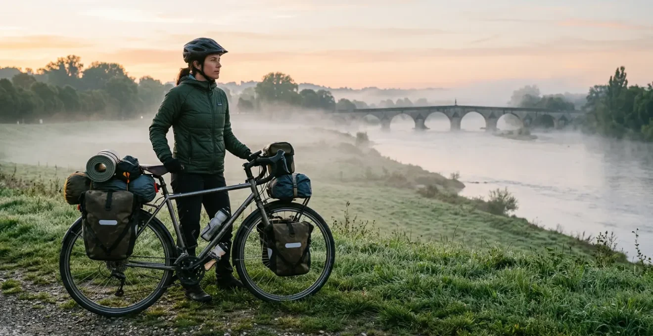 Cyclotouriste contemplant le lever du soleil sur les bords de Loire avec son vélo de voyage chargé de sacoches