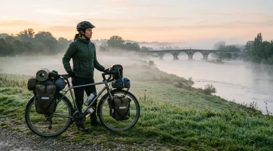 Cyclotouriste contemplant le lever du soleil sur les bords de Loire avec son vélo de voyage chargé de sacoches