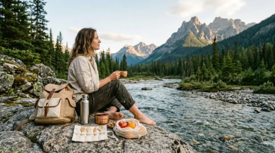 Voyageur minimaliste avec sac à dos en matériaux durables dans un environnement naturel