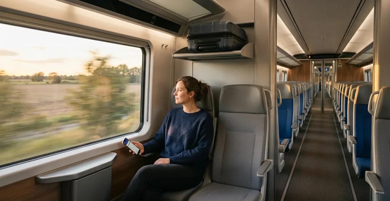 Vue intérieure moderne d'un TGV avec passager consultant sereinement son smartphone et valise bien rangée
