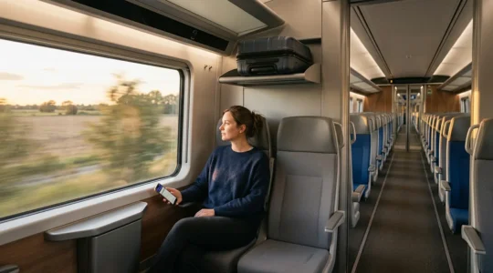 Vue intérieure moderne d'un TGV avec passager consultant sereinement son smartphone et valise bien rangée
