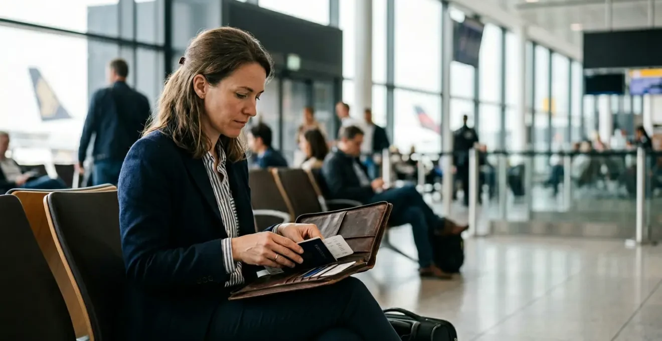Voyageur dans un aéroport moderne vérifiant ses documents de voyage avec sérénité