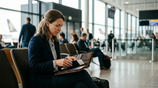Voyageur dans un aéroport moderne vérifiant ses documents de voyage avec sérénité