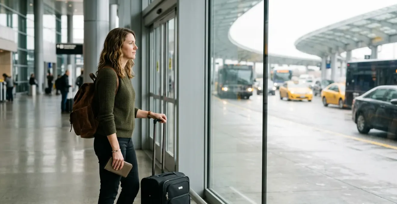 Voyageur confiant avec ses bagages à la sortie de l'aéroport regardant les options de transport