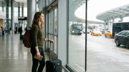 Voyageur confiant avec ses bagages à la sortie de l'aéroport regardant les options de transport
