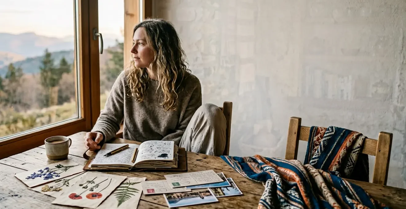 Voyageur contemplant une collection de souvenirs de voyage authentiques dans un espace minimaliste