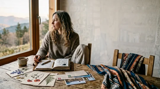 Voyageur contemplant une collection de souvenirs de voyage authentiques dans un espace minimaliste