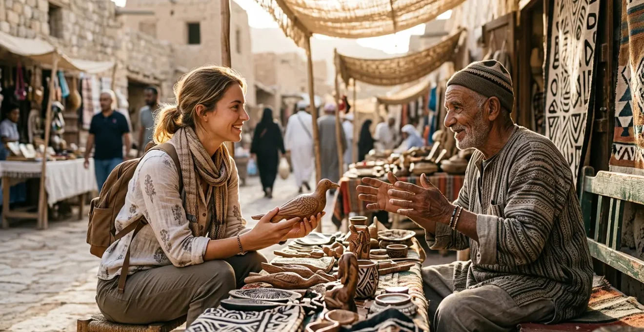 Un voyageur échange avec un artisan local sur un marché traditionnel, créant une connexion humaine authentique