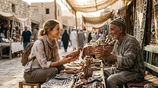 Un voyageur échange avec un artisan local sur un marché traditionnel, créant une connexion humaine authentique