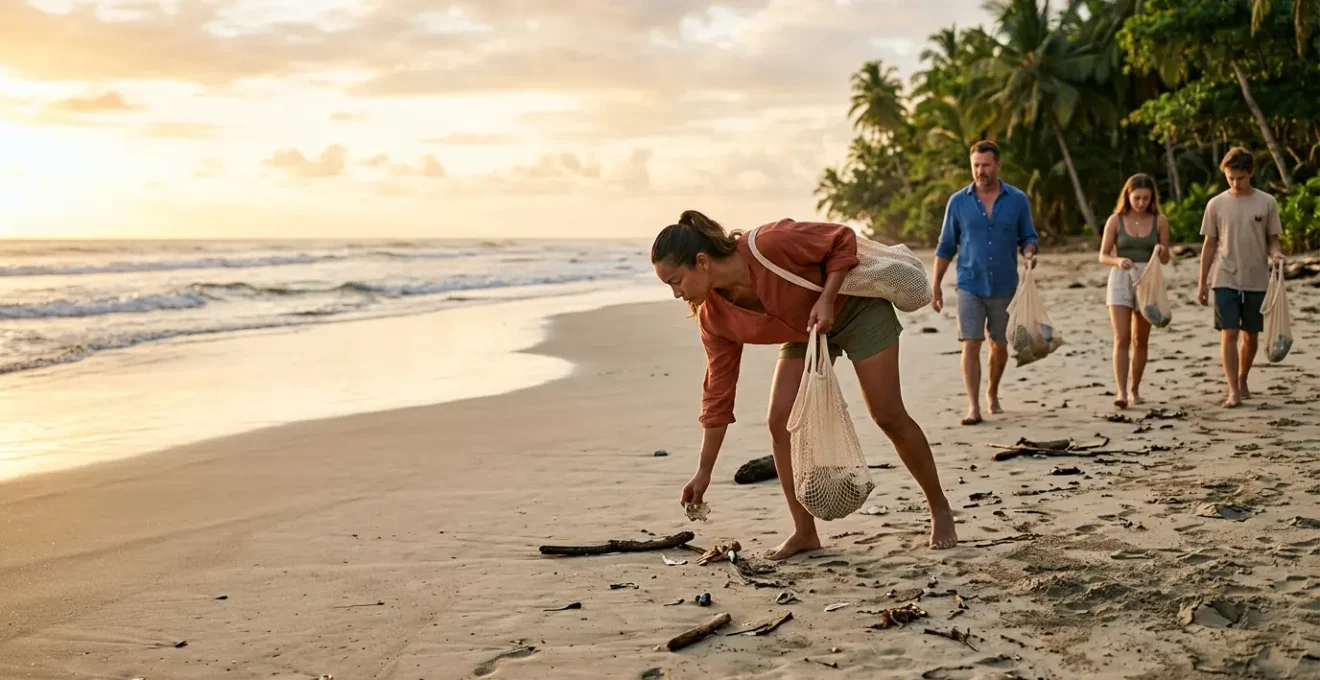Voyageur ramassant des déchets sur une plage paradisiaque au coucher du soleil