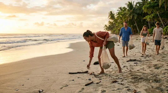Voyageur ramassant des déchets sur une plage paradisiaque au coucher du soleil
