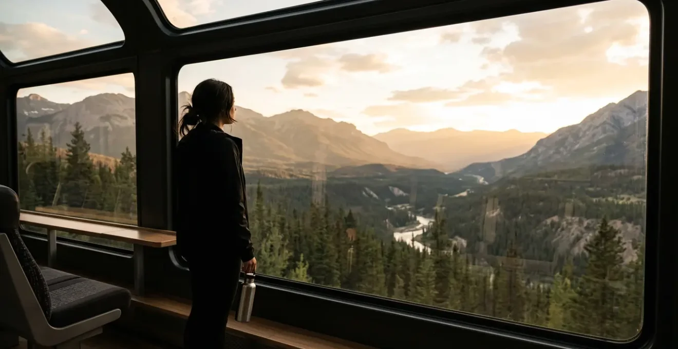 Voyageur contemplant le paysage depuis un train moderne traversant des montagnes verdoyantes