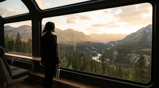 Voyageur contemplant le paysage depuis un train moderne traversant des montagnes verdoyantes