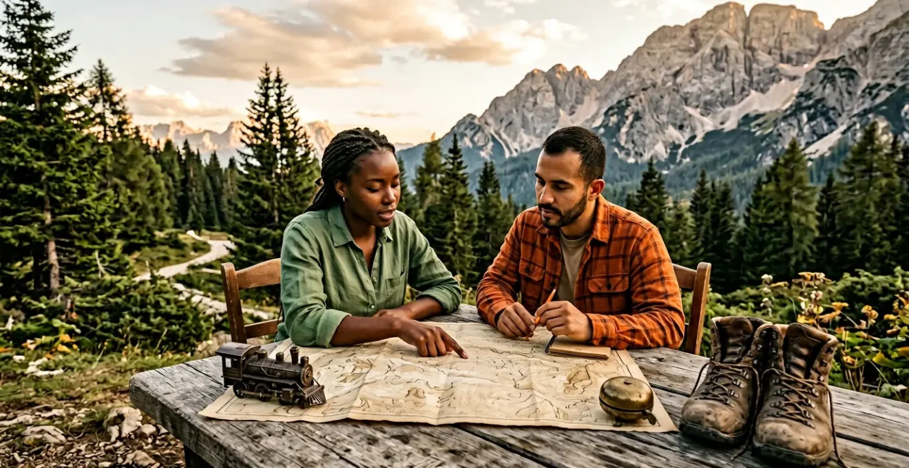 Deux voyageurs analysant l'impact environnemental de leur voyage sur une carte avec des symboles de transport