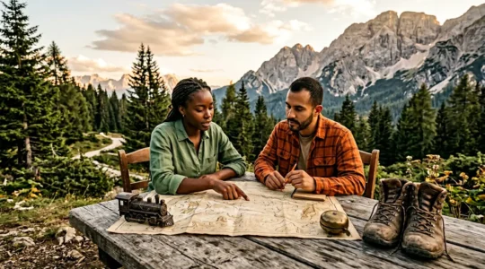 Deux voyageurs analysant l'impact environnemental de leur voyage sur une carte avec des symboles de transport