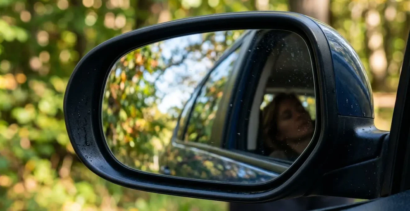Aire de repos ombragée avec voiture garée sous des arbres, conducteur reposant sur siège incliné, environnement paisible
