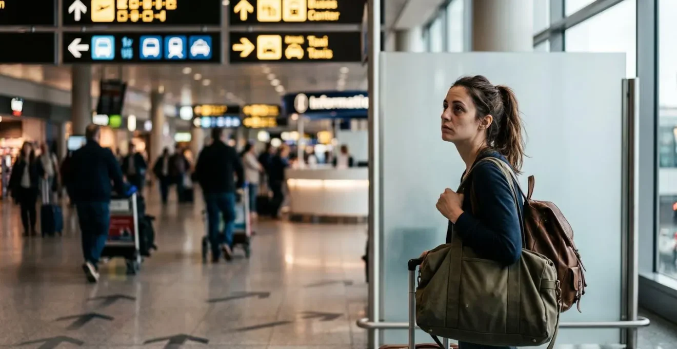 Voyageur avec valises devant panneau de choix de transports à l'aéroport
