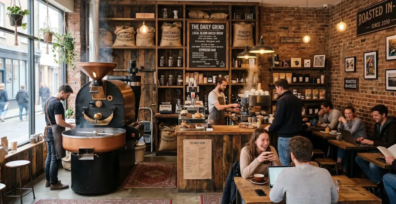 Intérieur d'un café artisanal avec torréfacteur visible et ambiance locale authentique
