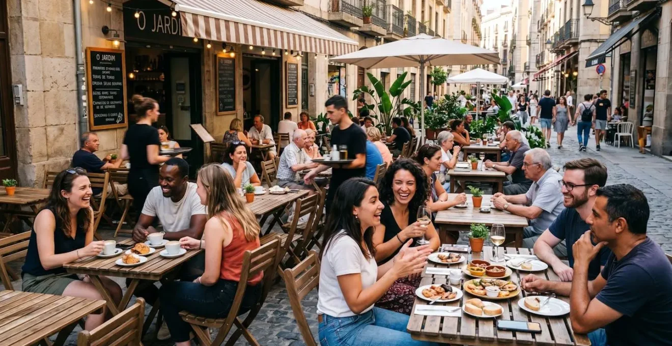 Terrasse de café animée montrant différents groupes sociaux, certains entre expatriés, d'autres mixtes avec locaux