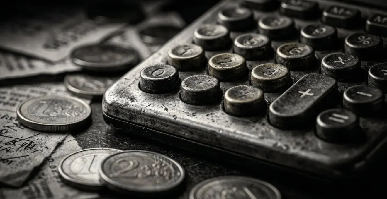 Calculatrice vintage entourée de factures floues et pièces de monnaie, éclairage dramatique