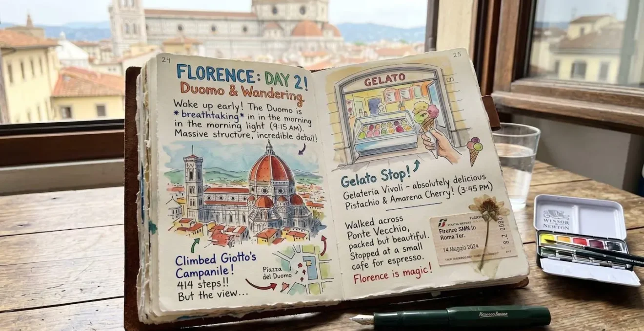 Carnet de voyage ouvert avec croquis et notes manuscrites colorées