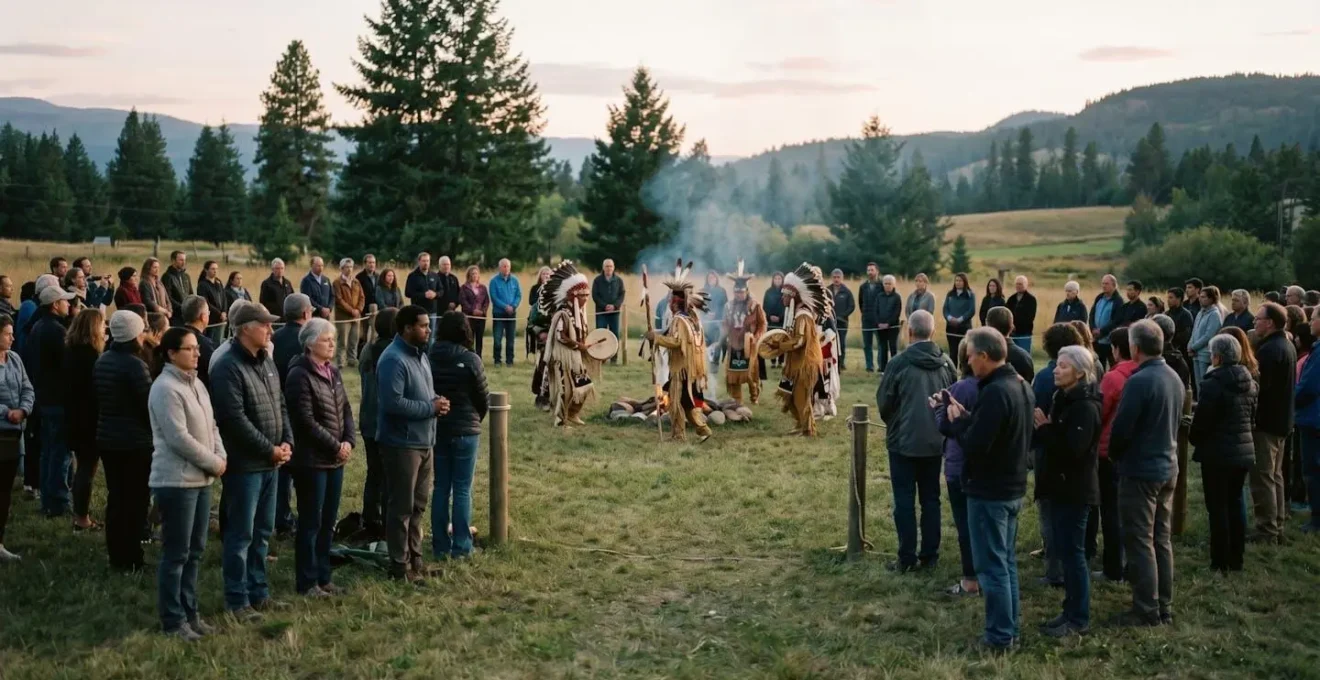 Observateurs respectueux assistant à une cérémonie traditionnelle depuis une distance appropriée