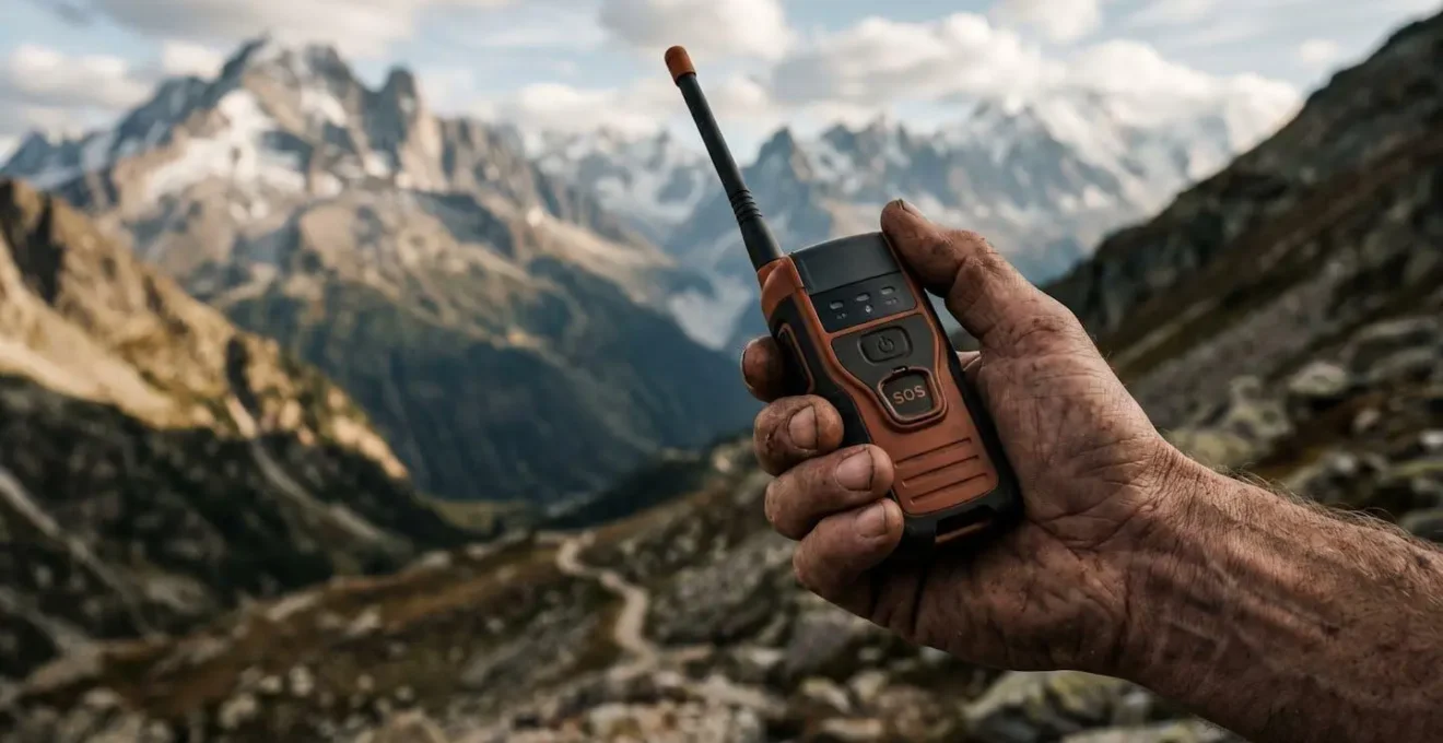 Main tenant une balise de détresse avec montagnes en arrière-plan